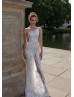 Asymmetrical Neck Ivory Lace Slit Wedding Dress